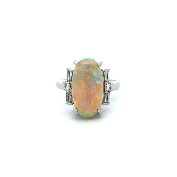 Closeup photo of Platinum 4.62ct Oval Opal & .35tcw Baguette & RBC Diamond Ring 8.7g, s7.75