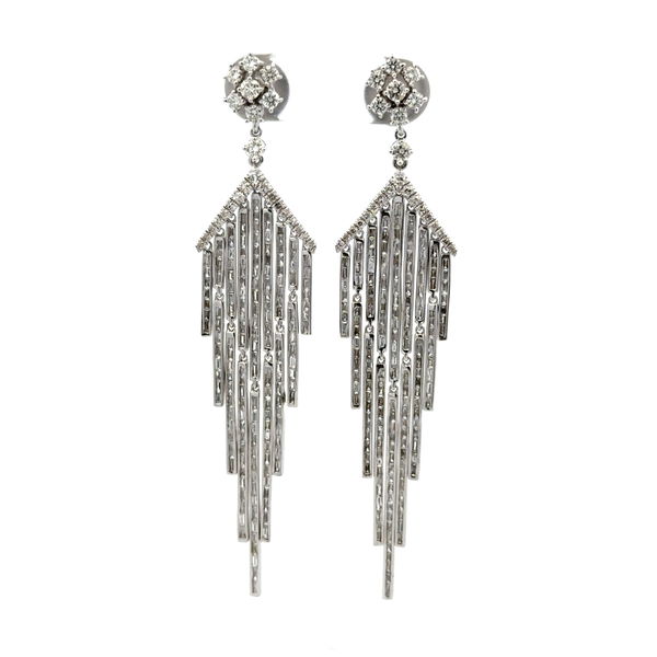 Closeup photo of 18K WG 2.43tcw Baguette & RBC Diamond Chandelier Drop Earrings 12.0g, 2.75"