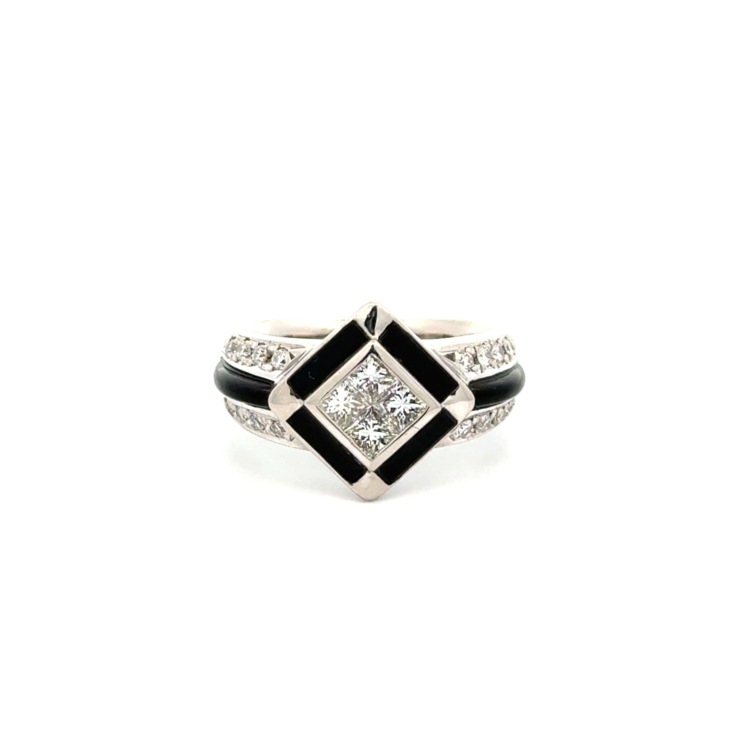 Platinum .75tcw Princess & RBC Diamond &m .70tcw Onyx Ring 12.4g, s6