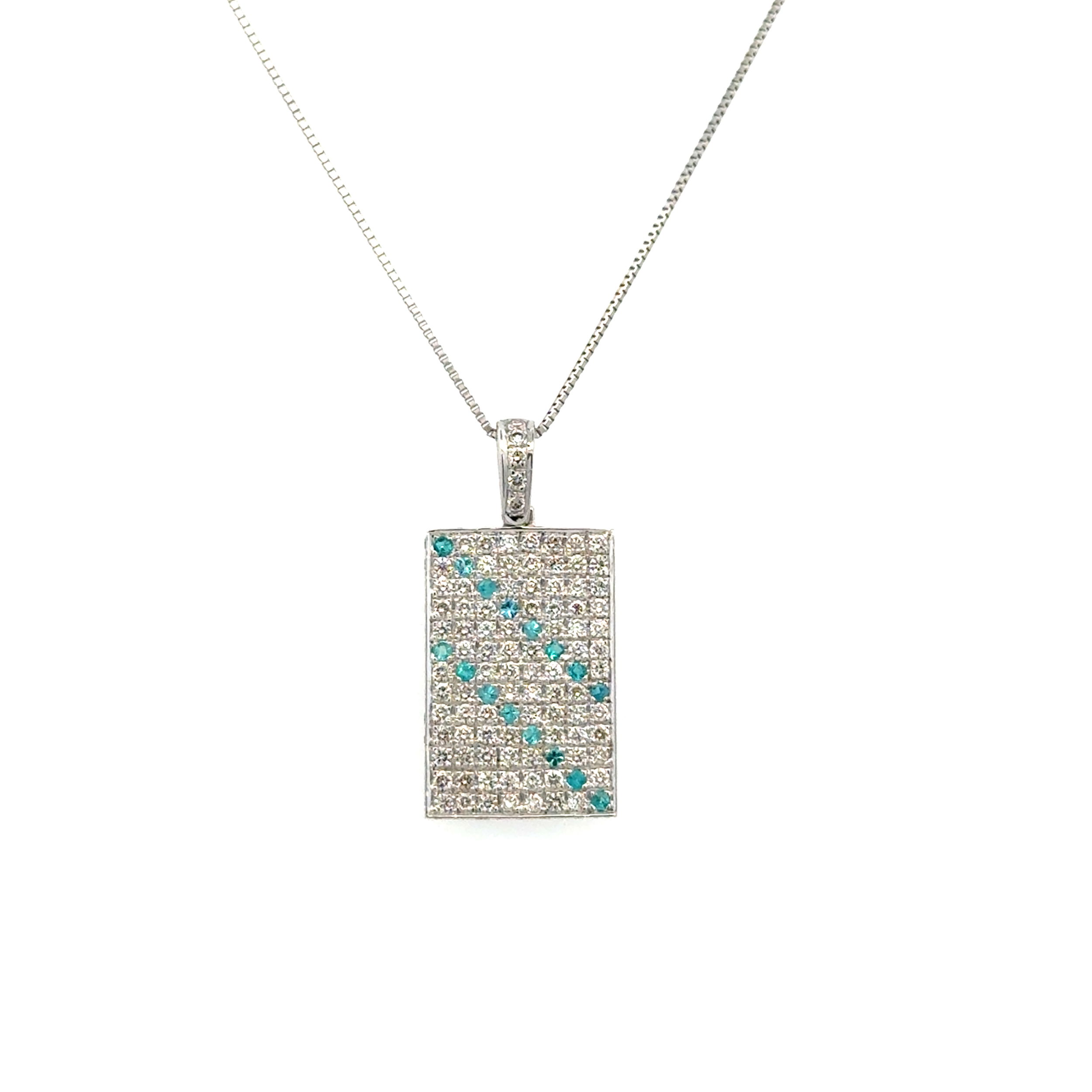 18K WG .20tcw Paraiba Tourmaline & 1.50tcw RBC Diamond Dog Tag Pendant Necklace on Platinum Chain 5.2g, 18"