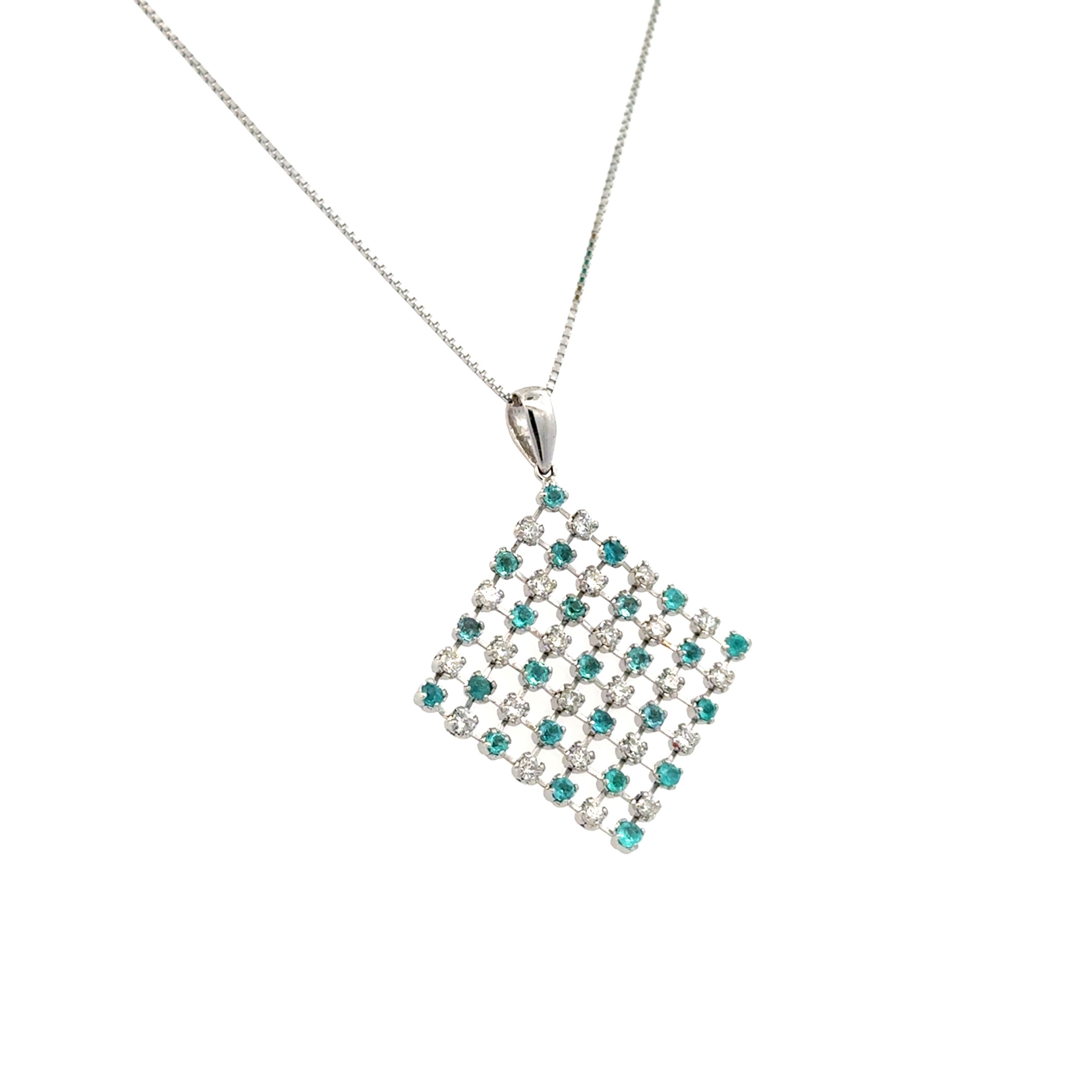 18K WG .56tcw Paraiba Tourmaline & .50tcw RBC Diamond Flexible Square Bias Pendant Necklace 4.8g, 18"