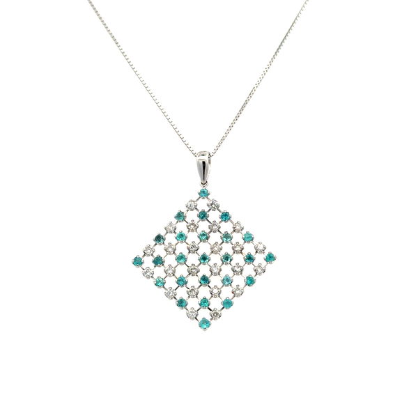 Closeup photo of 18K WG .56tcw Paraiba Tourmaline & .50tcw RBC Diamond Flexible Square Bias Pendant Necklace 4.8g, 18"