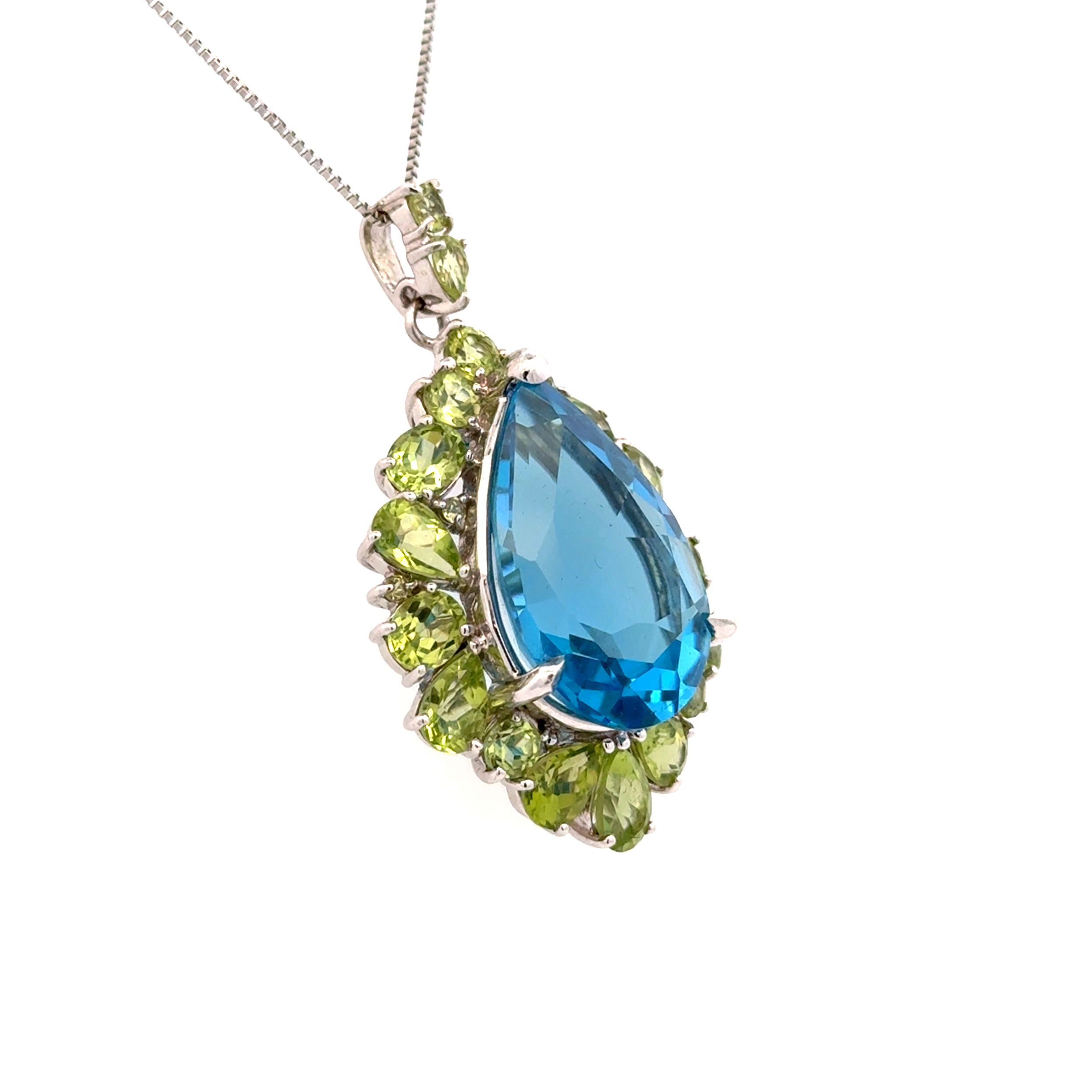 14K WG 18ct Pear Blue Topaz & 18.97tcw Peridot Pendant on Platinum Chain 13.2g, 18"