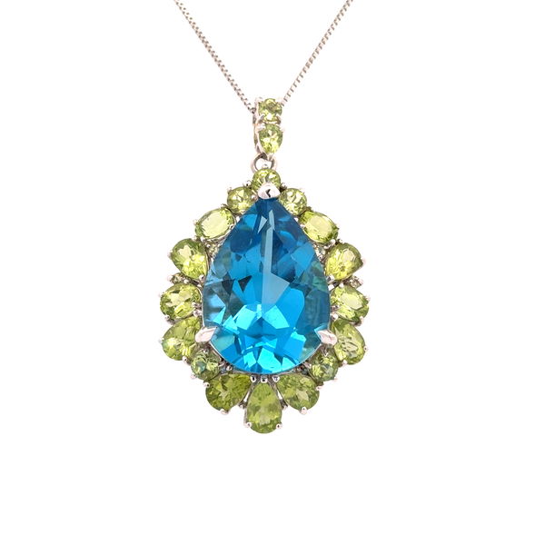 Closeup photo of 14K WG 18ct Pear Blue Topaz & 18.97tcw Peridot Pendant on Platinum Chain 13.2g, 18"