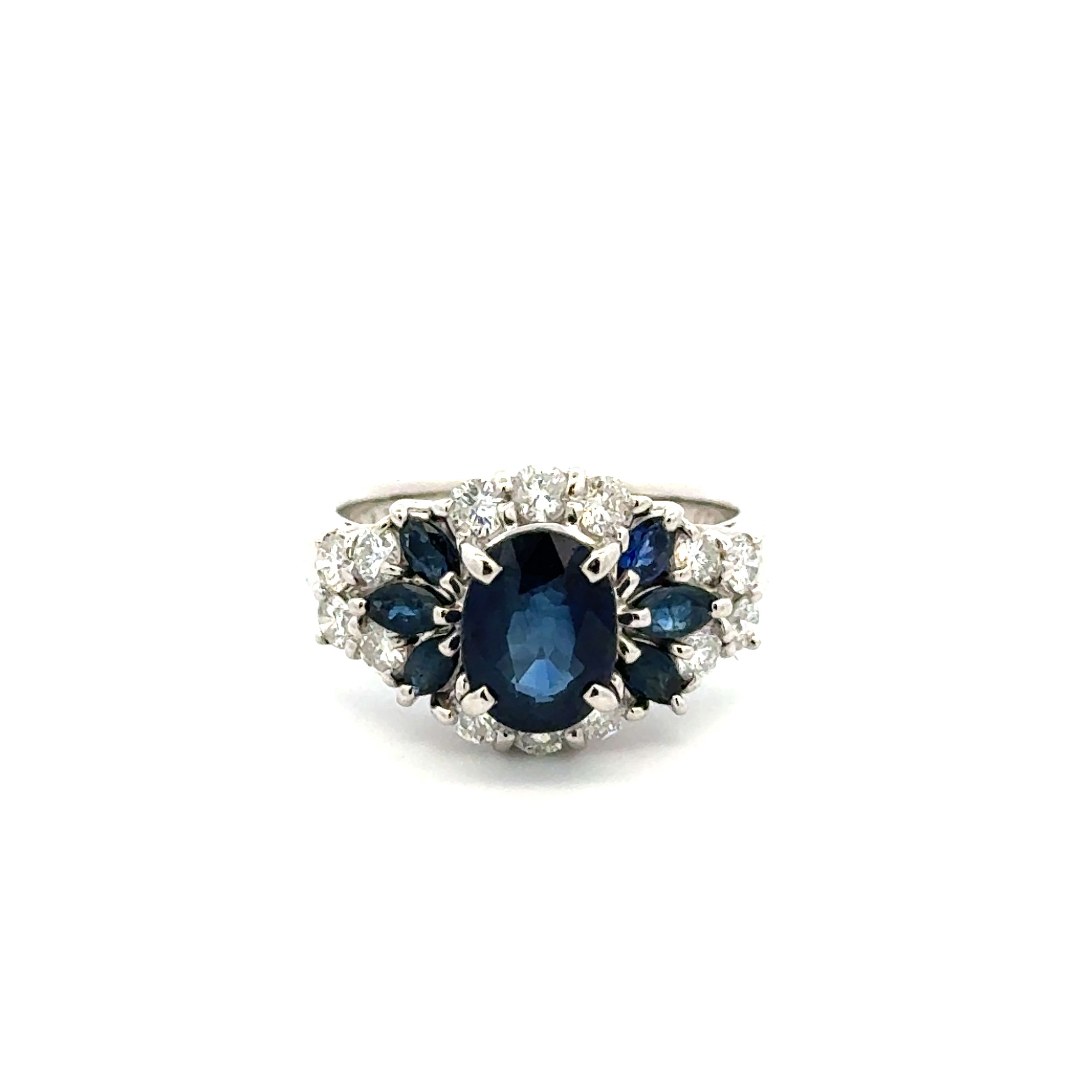 Platinum 1.73ct Oval Sapphire, .73tcw RBC Diamond & .50tcw Sapphire Ring 7.7g, s5.75