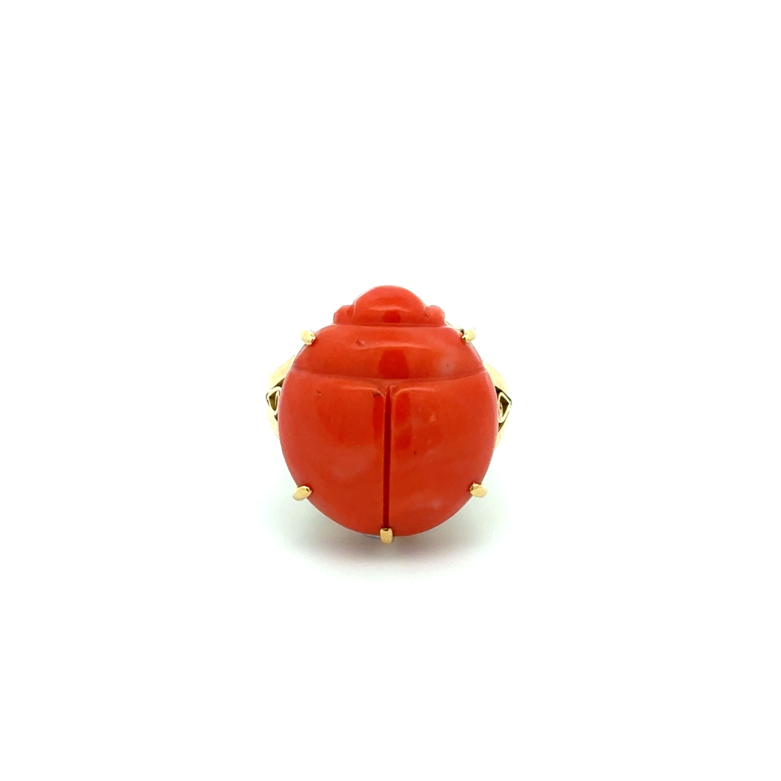 18K YG 8.00ct Carved Coral Scarab Beetle Ring 11.1g, s5.5