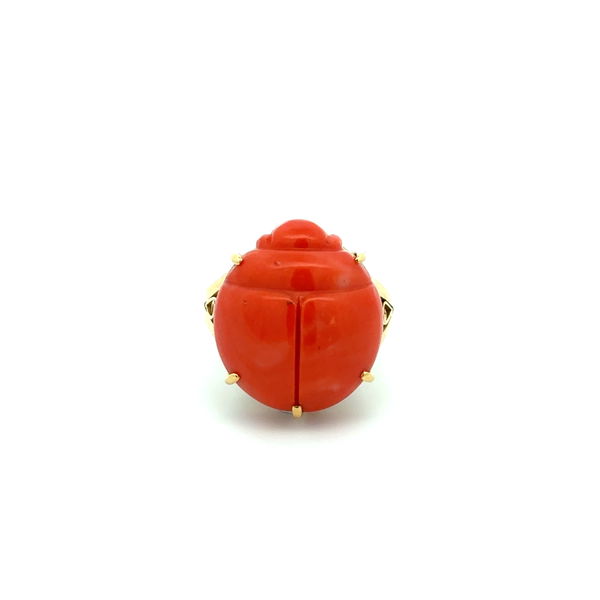 Closeup photo of 18K YG 8.00ct Carved Coral Scarab Beetle Ring 11.1g, s5.5