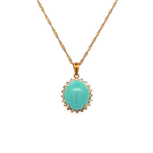 Closeup photo of 18K YG 6.11ct Persian Turquoise & .20tcw RBC Diamond Halo Pendant Necklace 5.8g, 17"