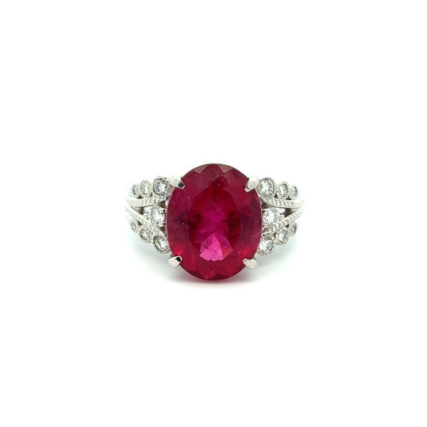 Closeup photo of Platinum 7.36ct Oval Rubellite Tourmaline & .34tcw RBC Diamond Ring 12.9g, s6.25