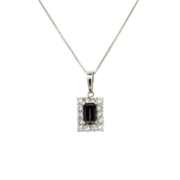 Closeup photo of Platinum 1.63ct Emerald Cut NO HEAT Reddish Purple Sapphire GIA & .90tcw RBC Diamond Pendant Necklace 5.5g, 18"o