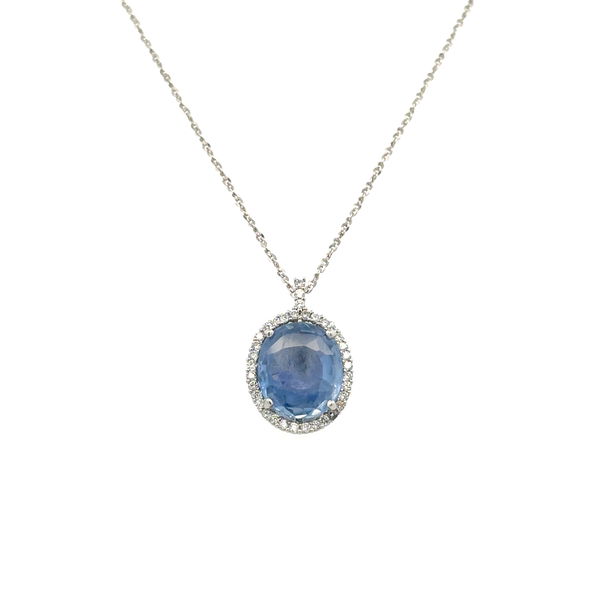 Closeup photo of Platinum 4.28ct Oval NO Heat Ceylon Violetish Blue Sapphire GIA & .23tcw Diamond Pendant Necklace 5.2g, 18"