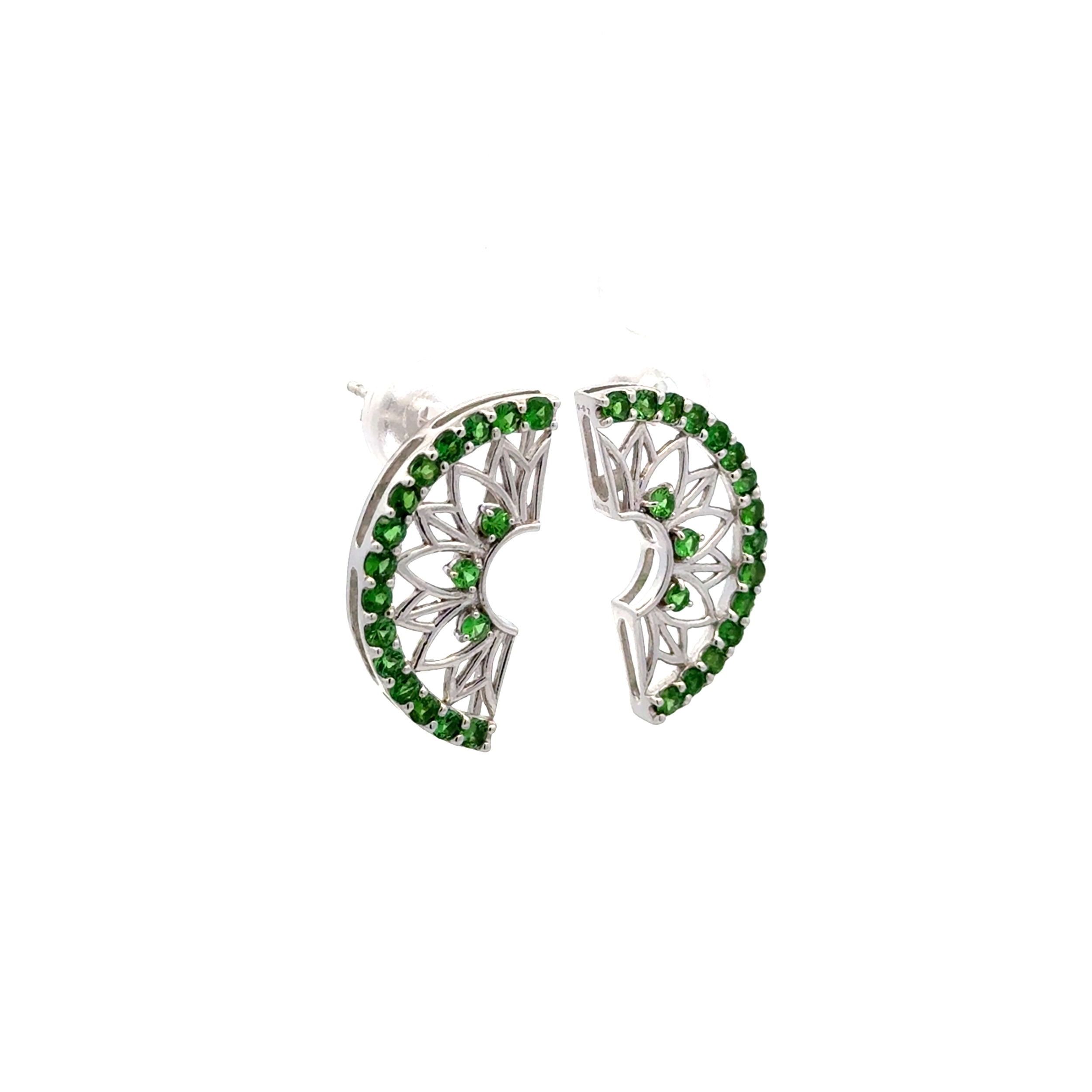 18K WG 1.14tcw Round Tsavorite Open Fan Earrings 4.6g