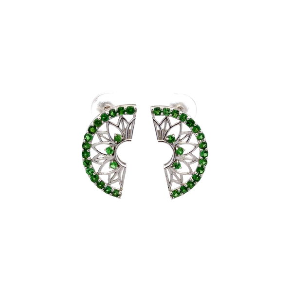 Closeup photo of 18K WG 1.14tcw Round Tsavorite Open Fan Earrings 4.6g