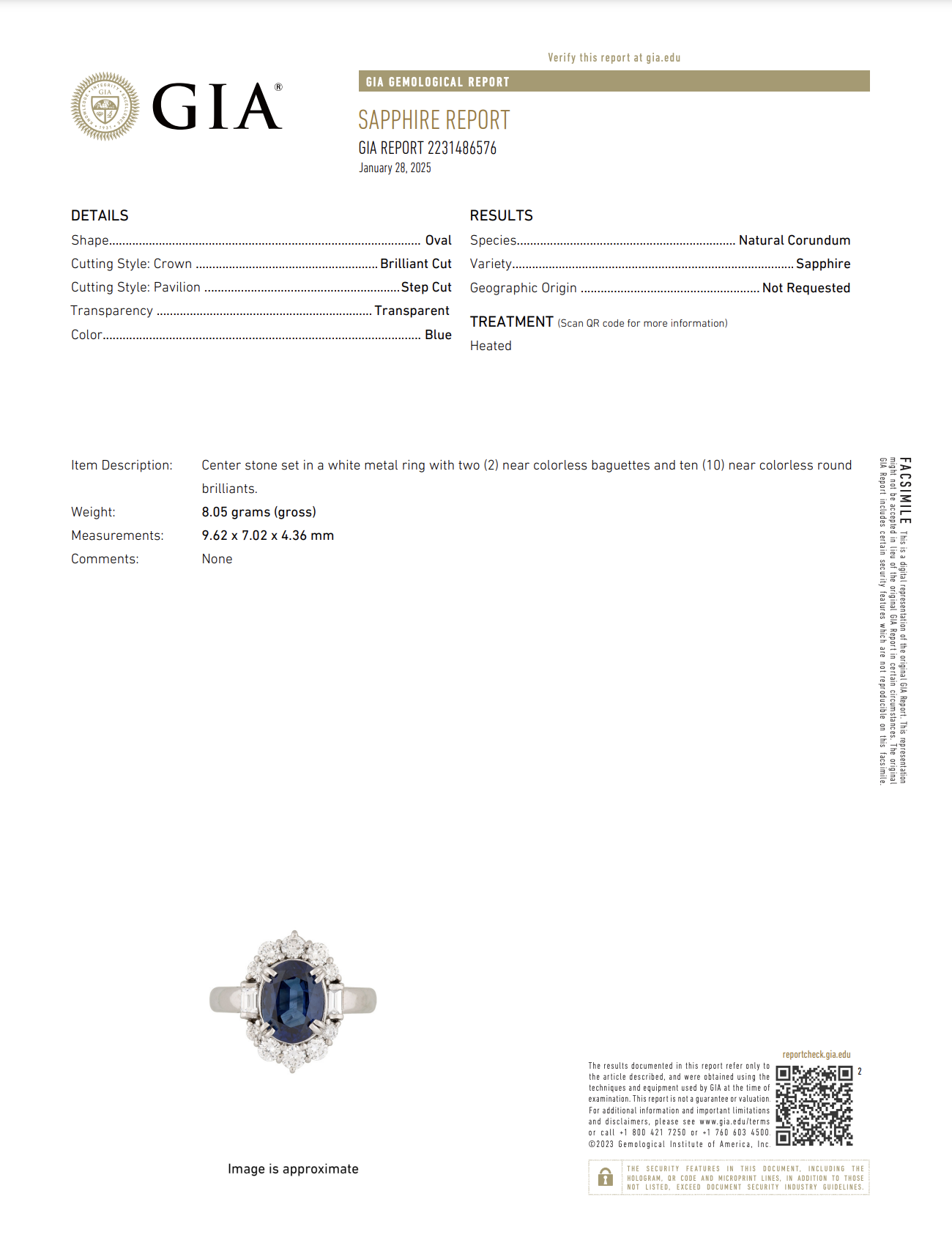 Platinum 2.81ct Oval Sapphire GIA & .71ct Baguette & RBC Diamond Ring 8.1g, s6.25