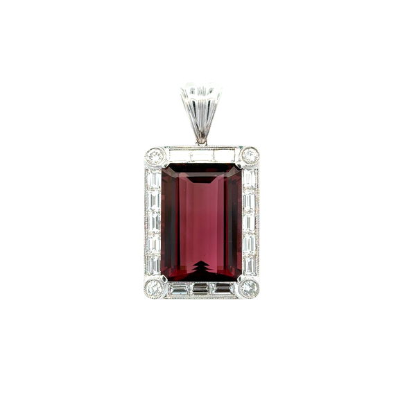 Closeup photo of 18K WG 24.63ct Emerald Cut Rubellite Tourmaline & 3.36tcw tcw Baguette & RBC Pendant 13.2g