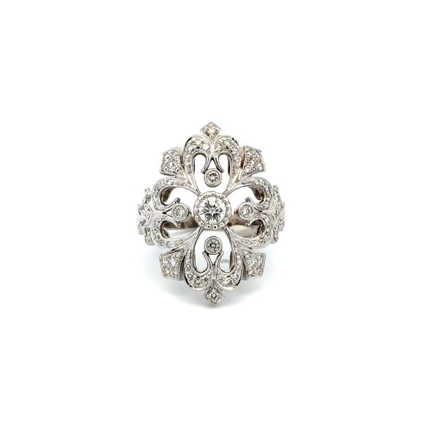 Closeup photo of 18K WG Art Deco Revival .21ct RBC Diamond & .54tcw RBC Diamond Filigree Ring 9.0g, s7