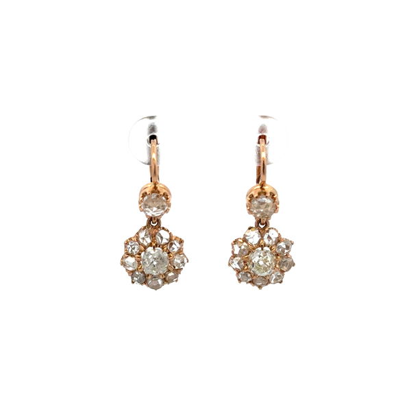 Closeup photo of 18K YG .90tcw OEC Diamond & 1.39tcw Rose Cut Diamond Cluster Earrings 4.0g