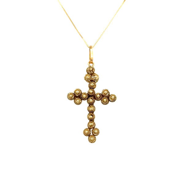 Closeup photo of 14K YG Guinevere Granulation Cross Pendant Necklace 2.3g, 18"