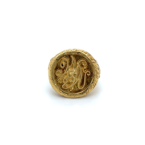 Closeup photo of 18K YG Bob Tenen Scroll Work Signet Seal Ring 26.9g, s7.75