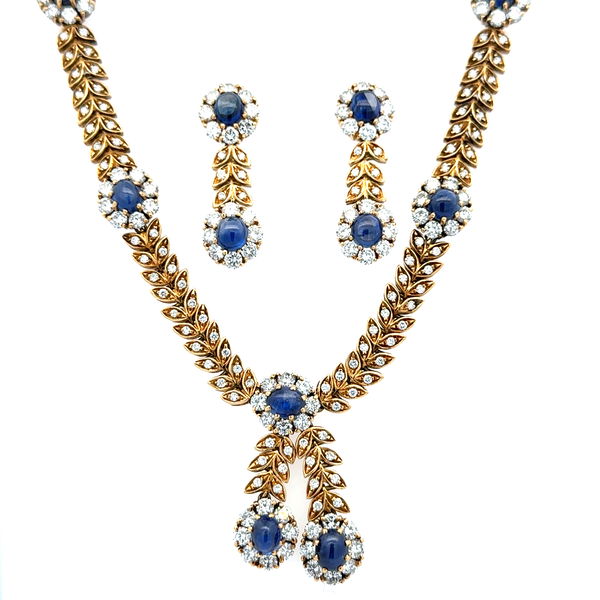 Closeup photo of SET 18K YG 17tcw Cabochon Sapphire & 15.00tcw RBC Diamond Leaf Link Earrings & Necklace Set 75.3g, 16"