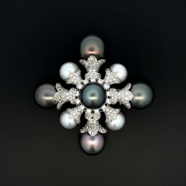 Closeup photo of 18K WG Tahitian & White South Sea Pearl 16.1-10.2mm & 4.75tcw Diamond Brooch Pendant 50.8g