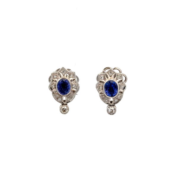 Closeup photo of 18K WG & Palladium 1.20tcw Oval Tanzanite & .32tcw Diamond Earrings 6.6g