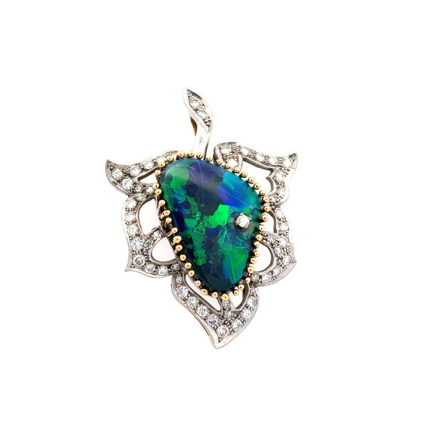 Closeup photo of 18K & Platinum 8ct Crazed Black Opal & 1.35tcw Diamond Leaf Pendant 13.9g