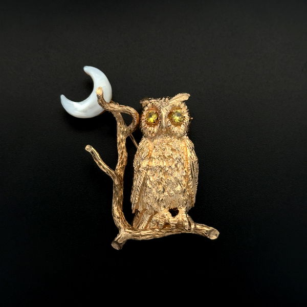 Closeup photo of 14K YG OWL MOP Moon & Yellow Stone Eyes 17.1g