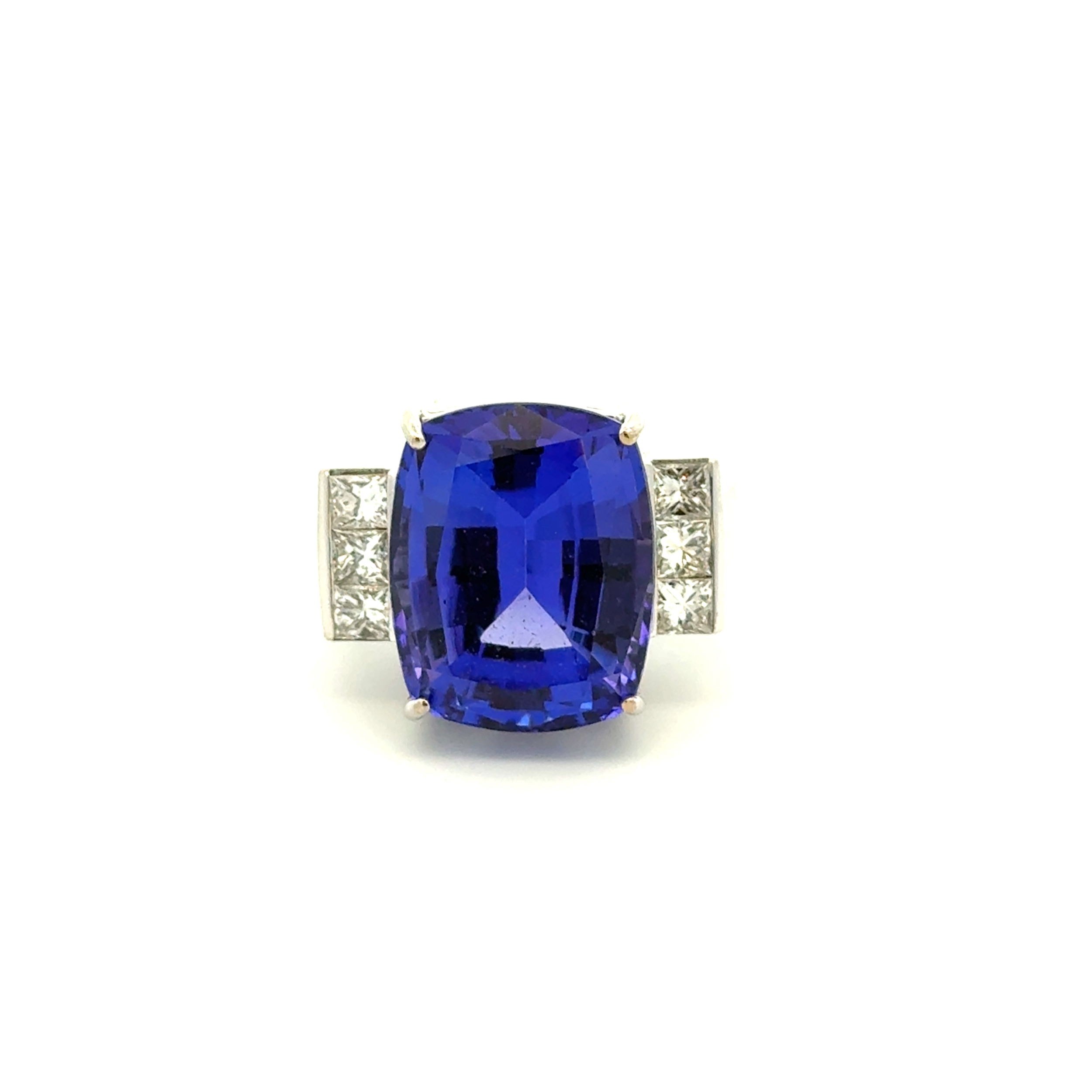 18K WG 13ct Cushion Tanzanite & 1.20tcw Princess Diamond Ring 16.1g, s7.25