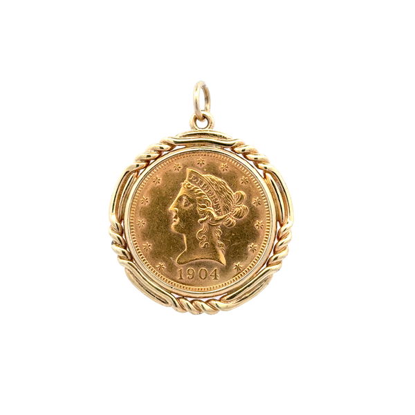 Closeup photo of 22K & 14K 1904 $10 Lady Libery Coin in Bezel Pendant 23.0g