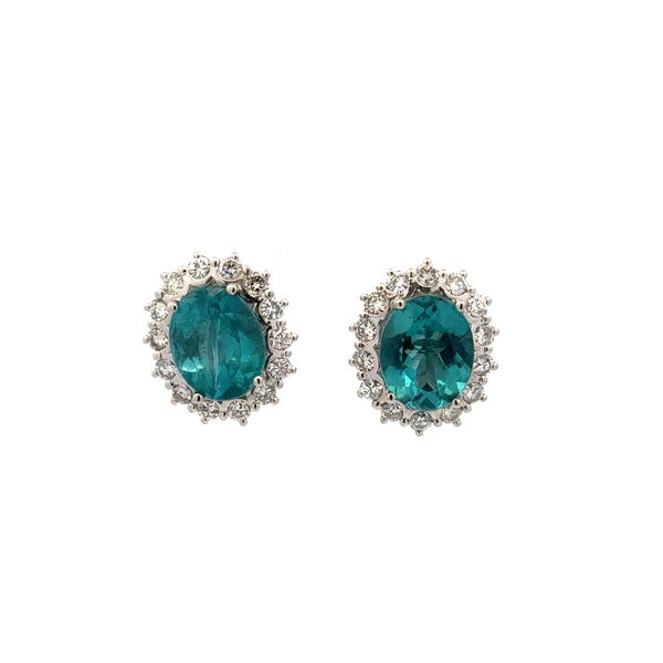 Closeup photo of Platinum 5.60tcw Oval Apatite & 1.05tcw RBC Diamond Stud Earrings 10.1g 14K WG Backs