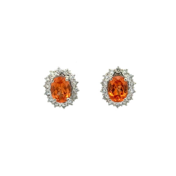 Closeup photo of Platinum 3.48tcw Oval Spessertite Garnet & .63cw RBC Diamond Stud Earrings 6.7g 14K WG Backs