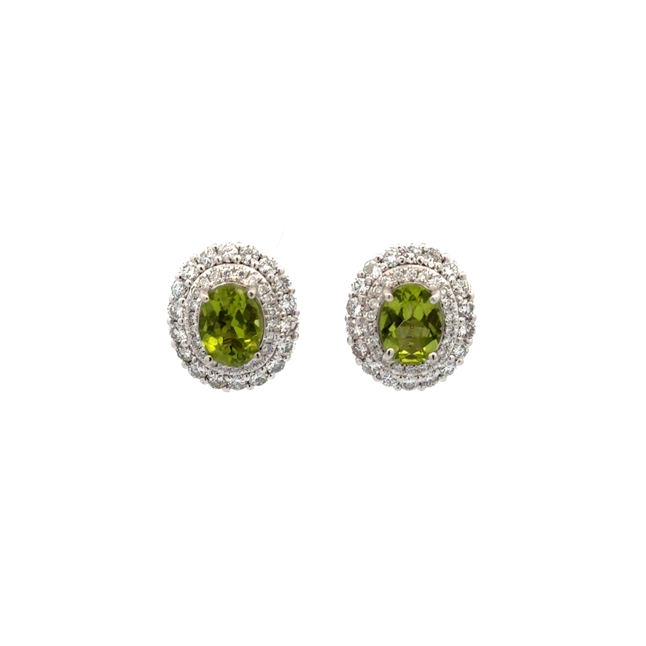 Platinum 2.66tcw Oval Peridot & 1.42tcw RBC Diamond Stud Earrings 9.1g 14K WG Backs