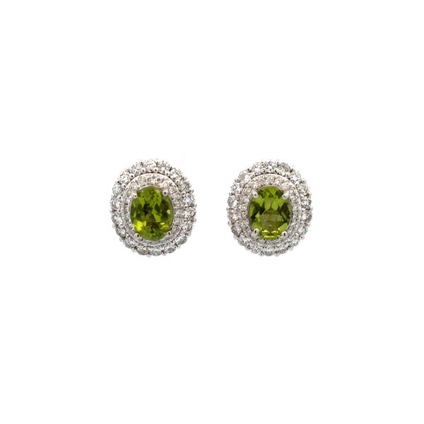 Closeup photo of Platinum 2.66tcw Oval Peridot & 1.42tcw RBC Diamond Stud Earrings 9.1g 14K WG Backs