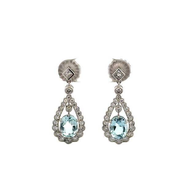 Closeup photo of Platinum 2.73tcw Oval Aquamarine & .98tcw RBC Diamond Drop Earrings 8.3g 14K WG Backs