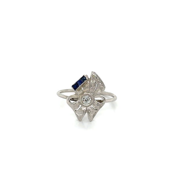 Closeup photo of 14K WG Art Deco .07ct OEC Diamond & Syn Sapphire Bow Stick Pin Ring 1.6g, s7