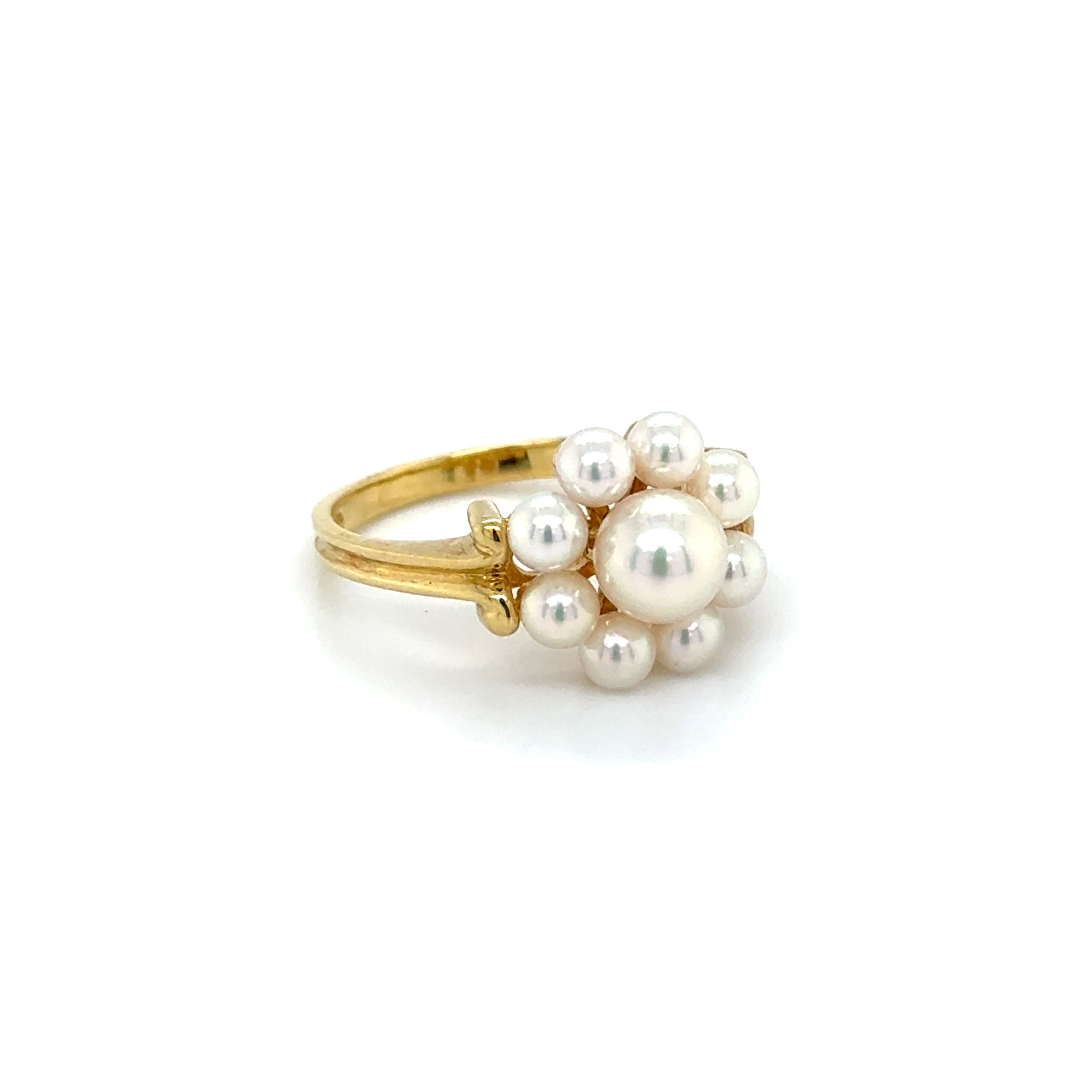 18K YG Vintage MIKIMOTO 6mm Pearl Cluster Ring 4.2, s6.75