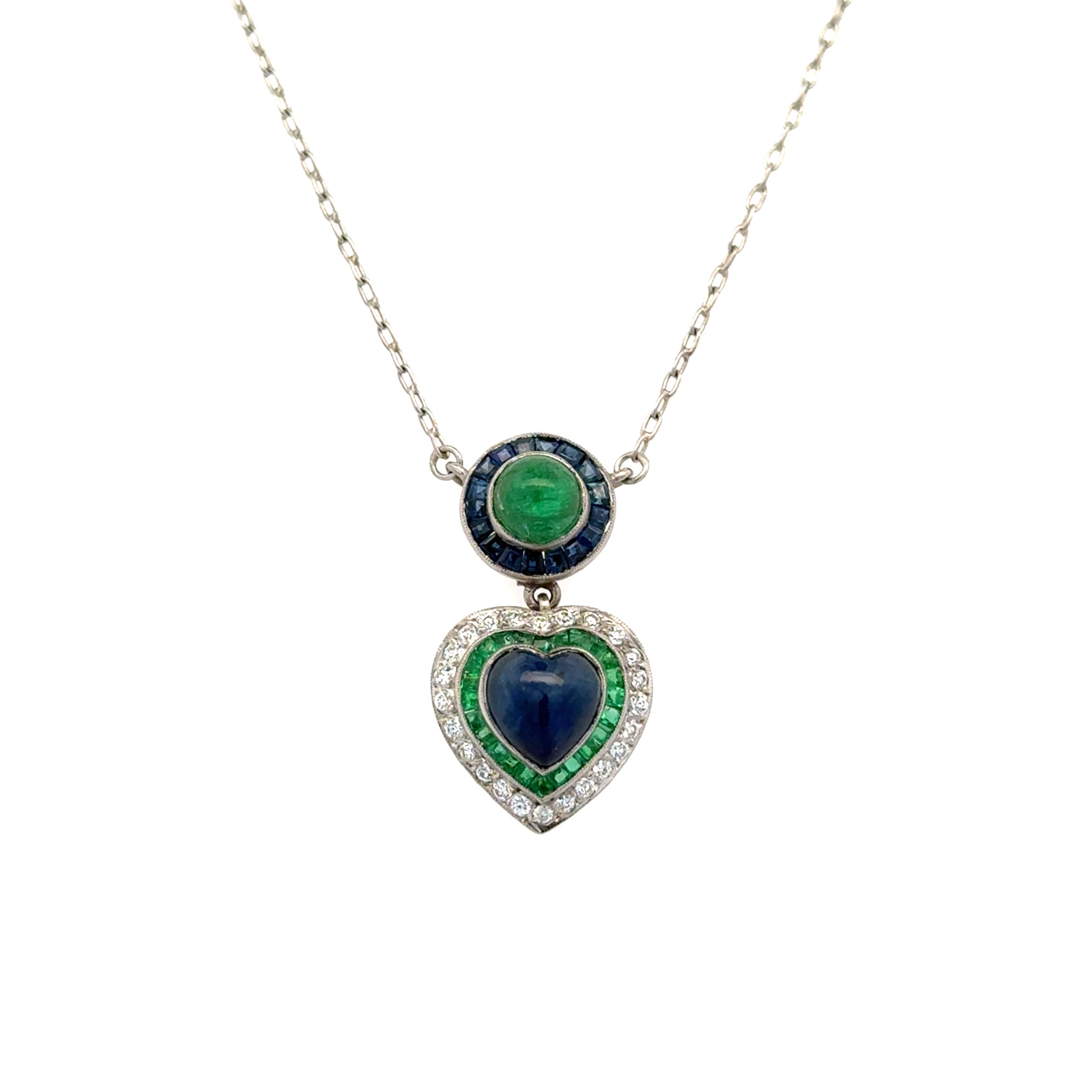 Platinum 1ct Emerald, 1.60ct Heart Sapphire, .54tcw Sapphire, .33tcw Emerald & .20tcw OEC Diamond Drop Pendant Necklace 5.5g, 18"