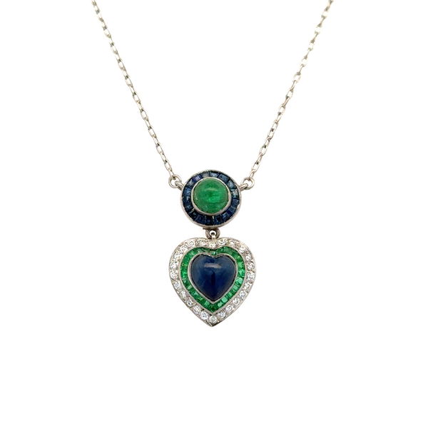 Closeup photo of Platinum 1ct Emerald, 1.60ct Heart Sapphire, .54tcw Sapphire, .33tcw Emerald & .20tcw OEC Diamond Drop Pendant Necklace 5.5g, 18"