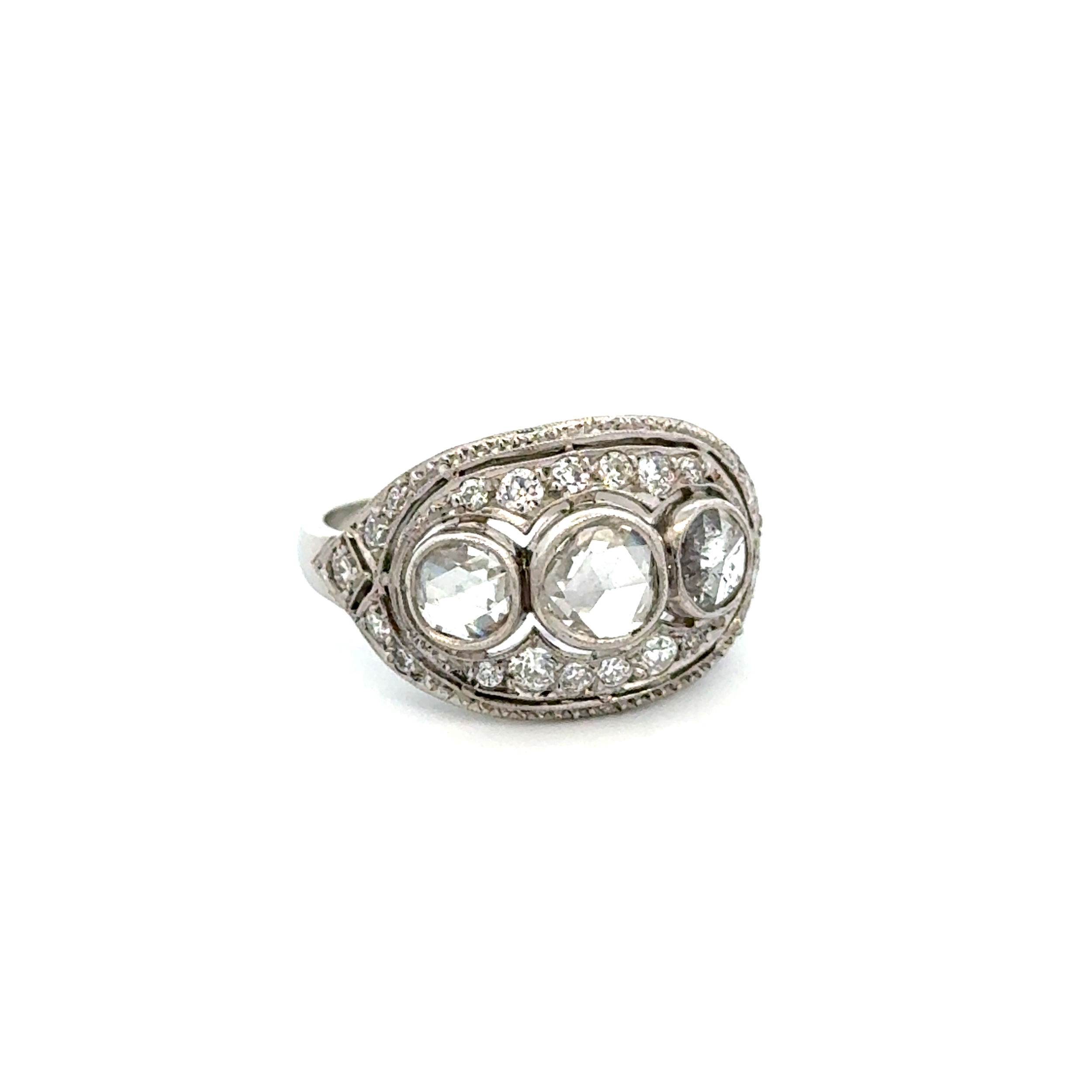Platinum Art Deco .75tcw Rose Cut Diamond & .46tcw OEC Diamond 3 Stone Halo Ring 5.2g, s6.5