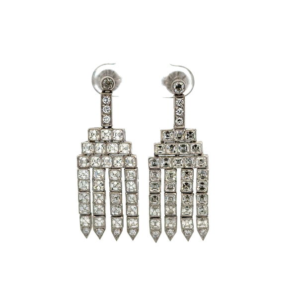 Closeup photo of Platinum Art Deco 6.48tcw Asscher Diamond & .55tcw OEC Diamond Chandelier Earrings 16.2g, 1.7"