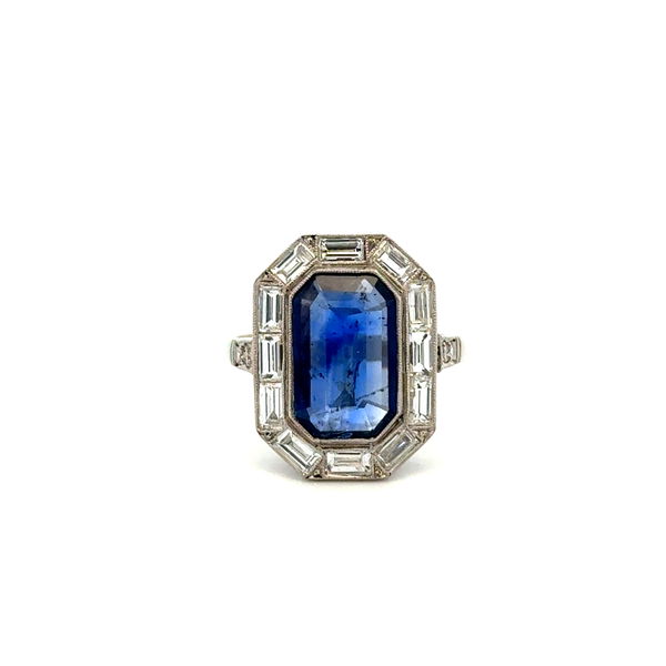 Closeup photo of Platinum Art Deco 3.32ct Emerald Cut Sapphire GIA & 1.10tcw Baguette & OEC Diamond Ring 5.8g, s6