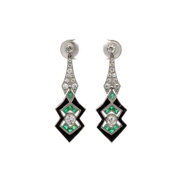 Closeup photo of Platinum Art Deco 1.28tcw OEC Diamond, .84tcw Emerald & 1.00tcw Onyx Drop Earrings 8.5g