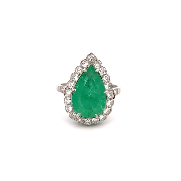 Closeup photo of Platinum Mid Century 5.42ct Pear Emerald & .91tcw RBC Diamond Ring 6.5g, s7