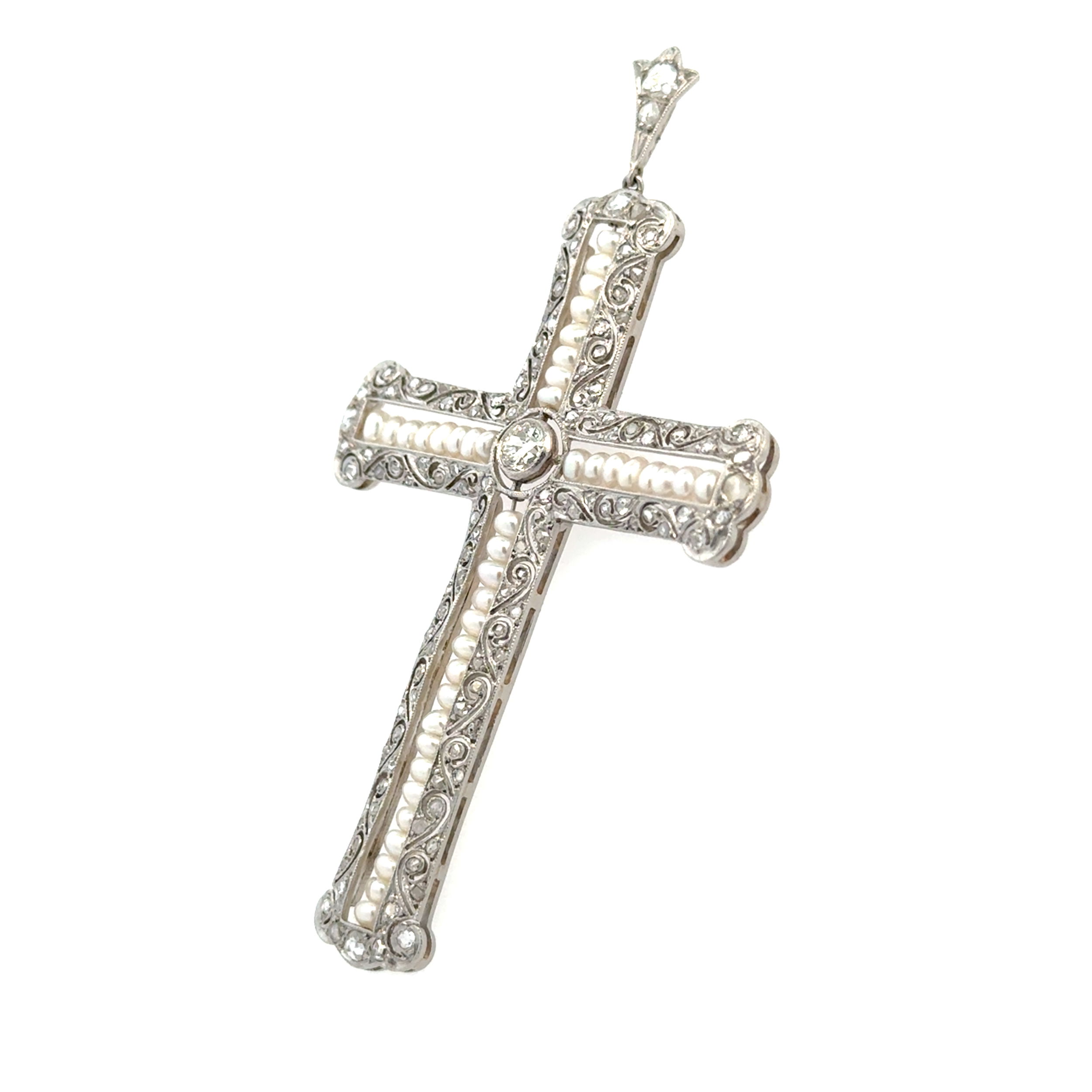 Platinum Art Deco .35ct OEC Diamond, Seed Pearl & .60tcw RC Diamond Cross Pendant 9.0g, 2.75"