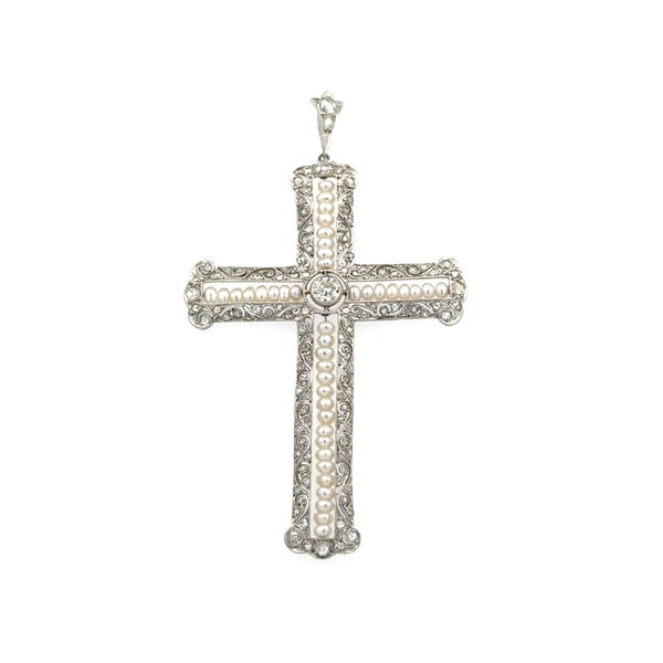 Closeup photo of Platinum Art Deco .35ct OEC Diamond, Seed Pearl & .60tcw RC Diamond Cross Pendant 9.0g, 2.75"