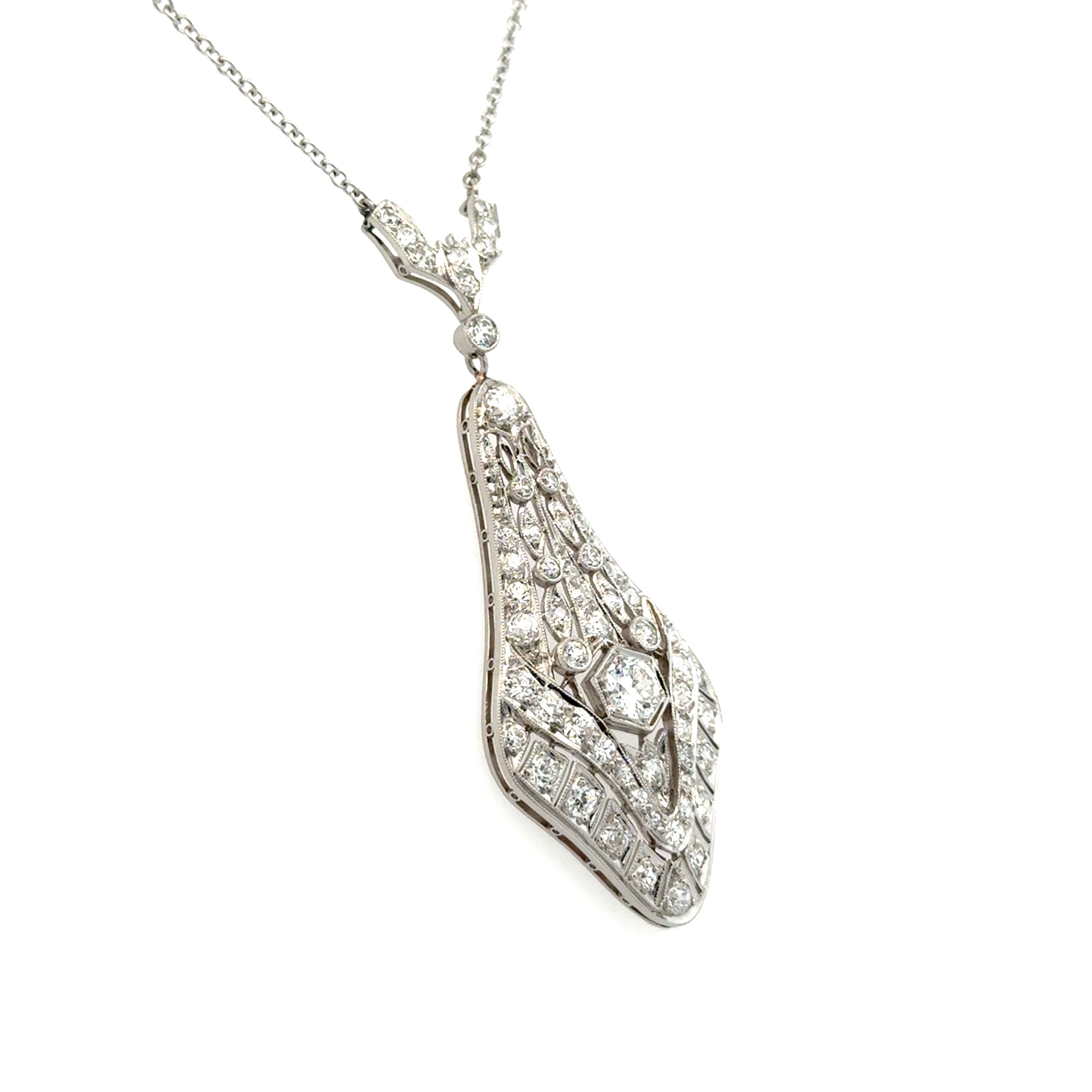 Platinum Art Deco .50ct OEC Diamond & 1.20tcw Antique Diamond Drop Pendant Necklace 7.9g, 16"