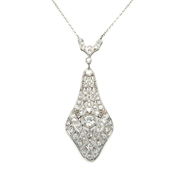 Closeup photo of Platinum Art Deco .50ct OEC Diamond & 1.20tcw Antique Diamond Drop Pendant Necklace 7.9g, 16"