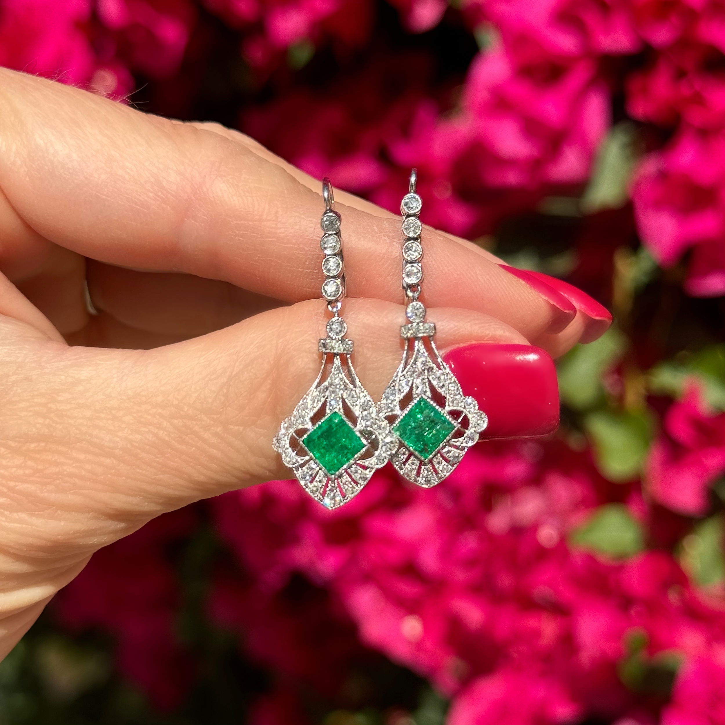 Platinum & Gold Art Deco 2tcw Square Emerald & .90tcw Antique Diamond Drop Earrings 6.1g, 1.5"