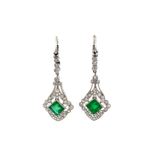 Closeup photo of Platinum & Gold Art Deco 2tcw Square Emerald & .90tcw Antique Diamond Drop Earrings 6.1g, 1.5"